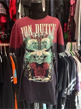 Von Dutch Burgundy to Black Ombre Skull & Rose Graphic Tee